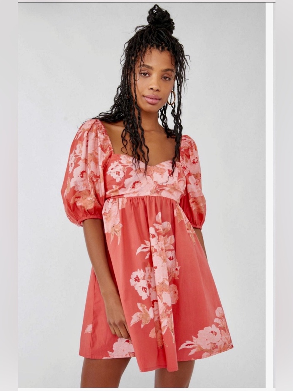 Floral Puff-Sleeve Mini Dress in Coral Pink
